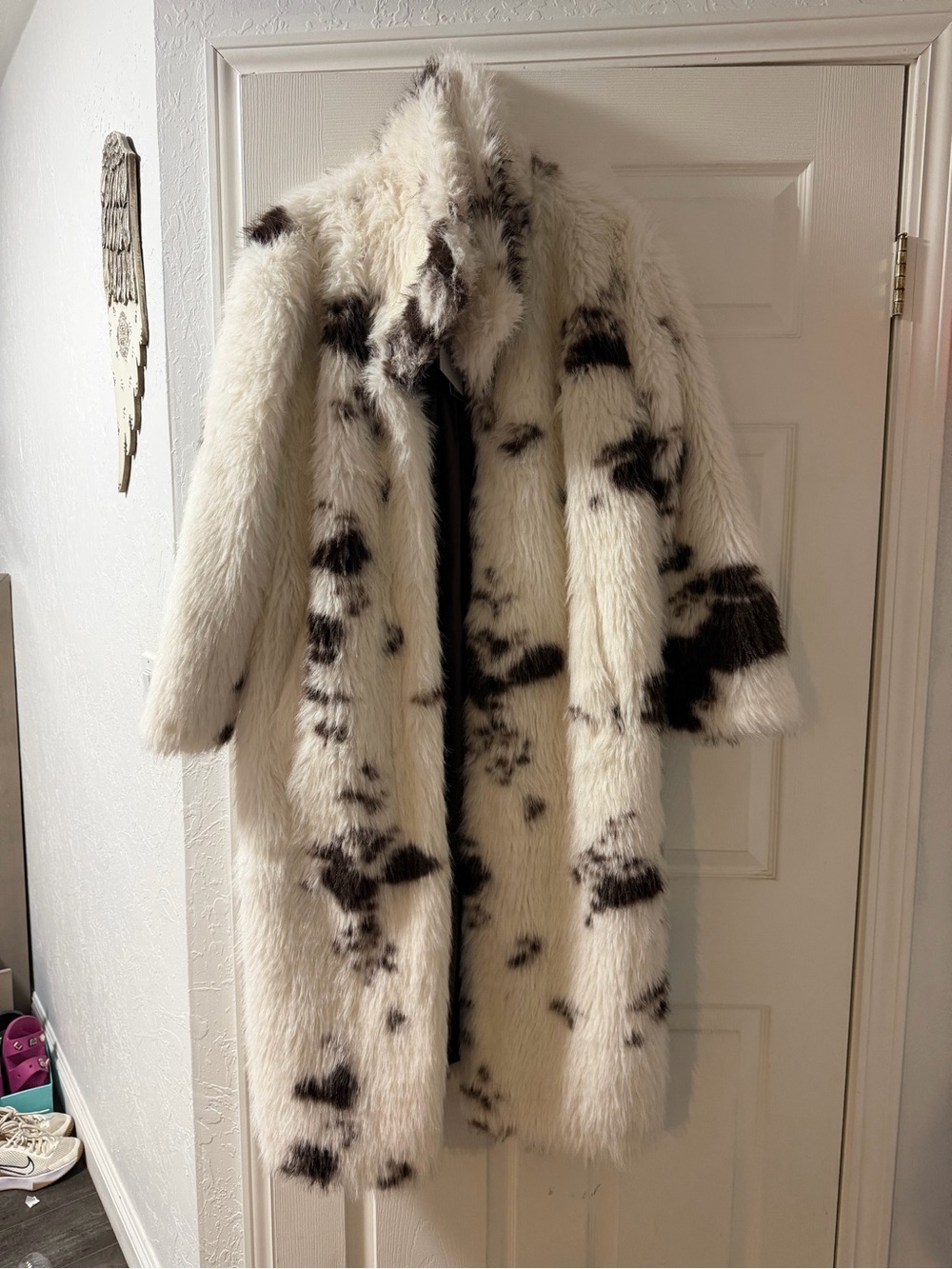 NVLT White Faux Fur Coat with Black Spot Accents